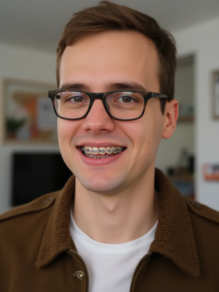 A photo of a man with braces. He is wearing a brown jacket and a white shirt. The man has short brown hair and is wearing glasses. The background is blurred and contains a few objects.