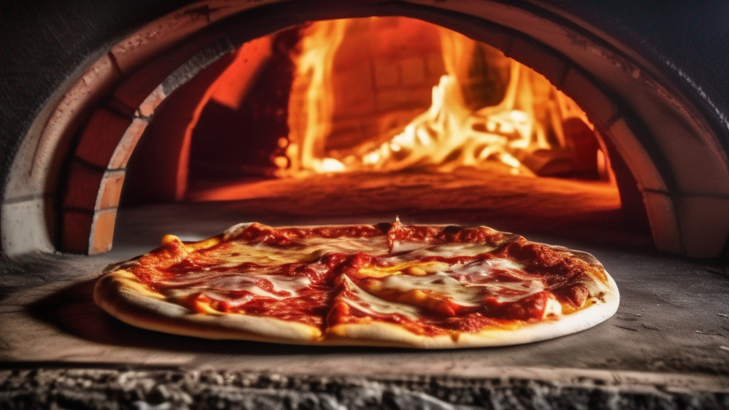 A pizza spinning inside a wood fired pizza oven; dramatic vivid colors..png